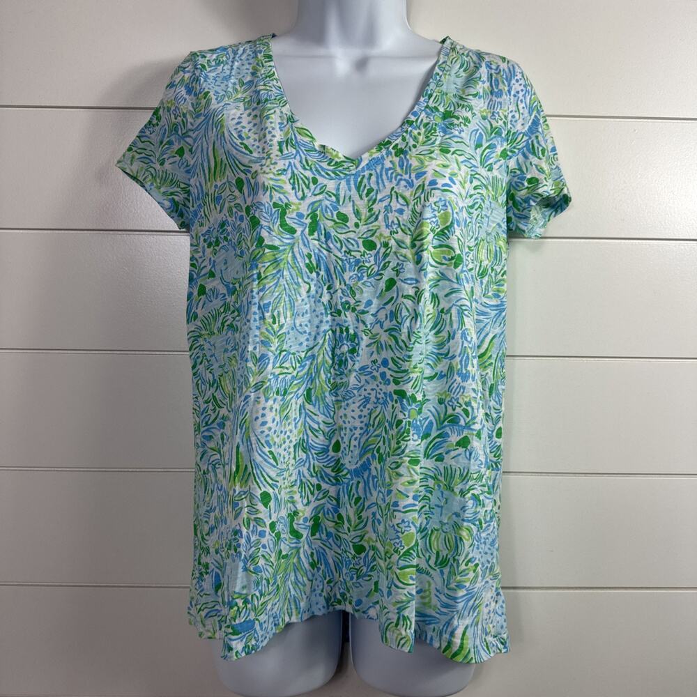 Lilly Pulitzer Etta Tee Shirt Dandy Lions Hydra Blue Print sz XS